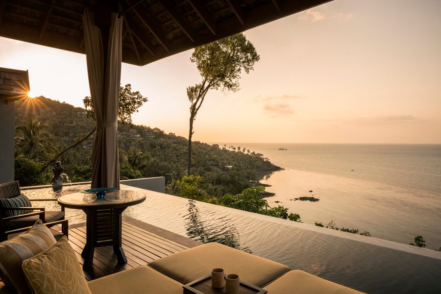  A villa’s infinity pool deck overlooking the ocean at Four Seasons Koh Samui.