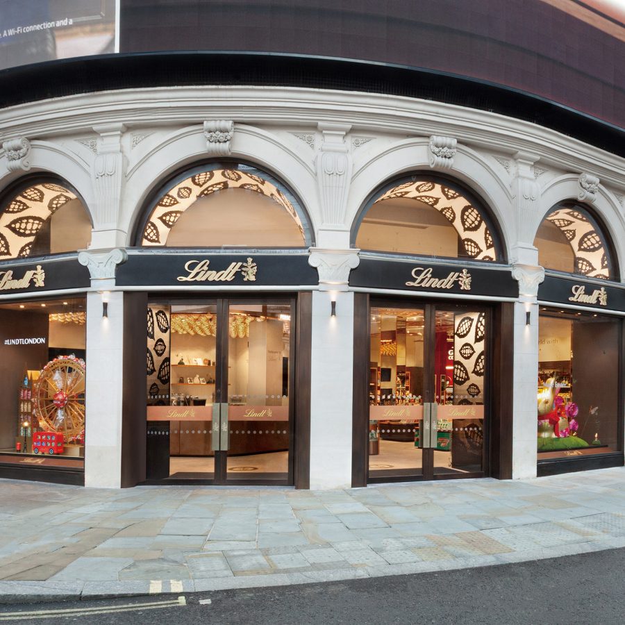The exterior of Lindt flagship store in London’s Piccadilly Circus is decorated with arches and offers the UK’s largest pick’n’mix of Lindor truffles.