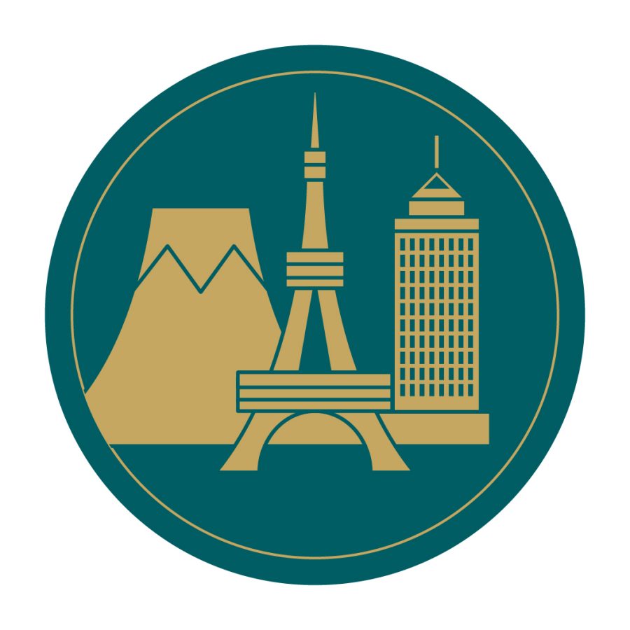 A green and gold graphic of the Effiel Tower, Mount Fuji and Empire State Building