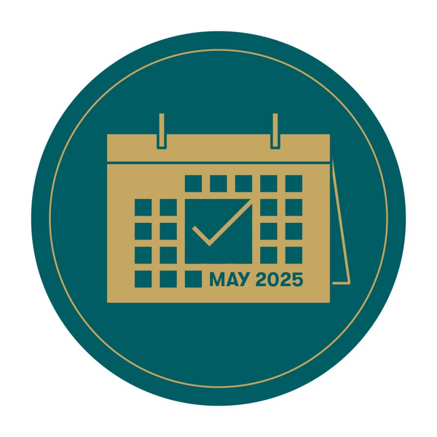 A green and gold graphic of a calendar showing the month of May 2025