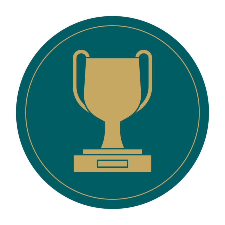 A green and gold graphic of a trophy
