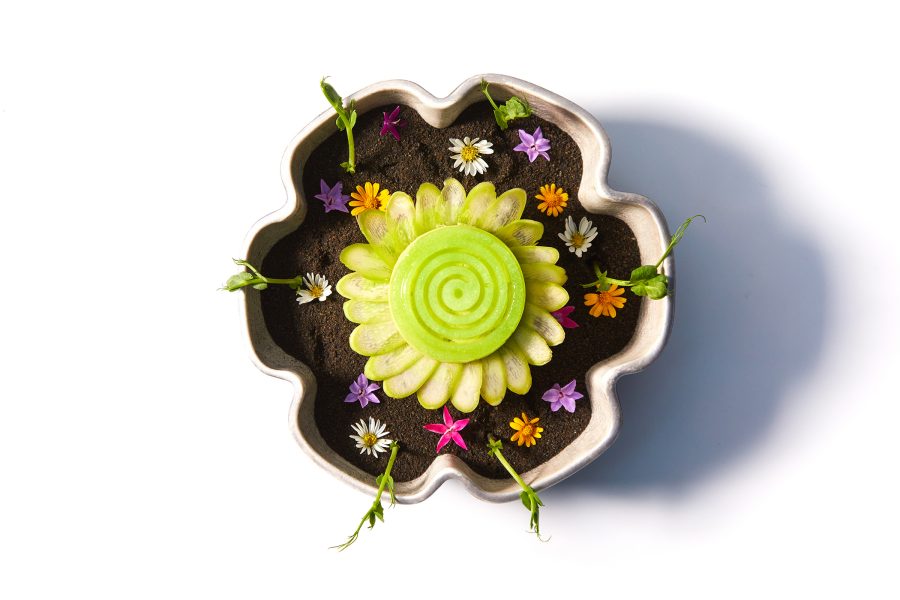 A flatlay shot of a beautiful dish in the design of a flower with edible flowers garnished around it, served at award-winning Gaggan Anand in Bangkok, Thailand 