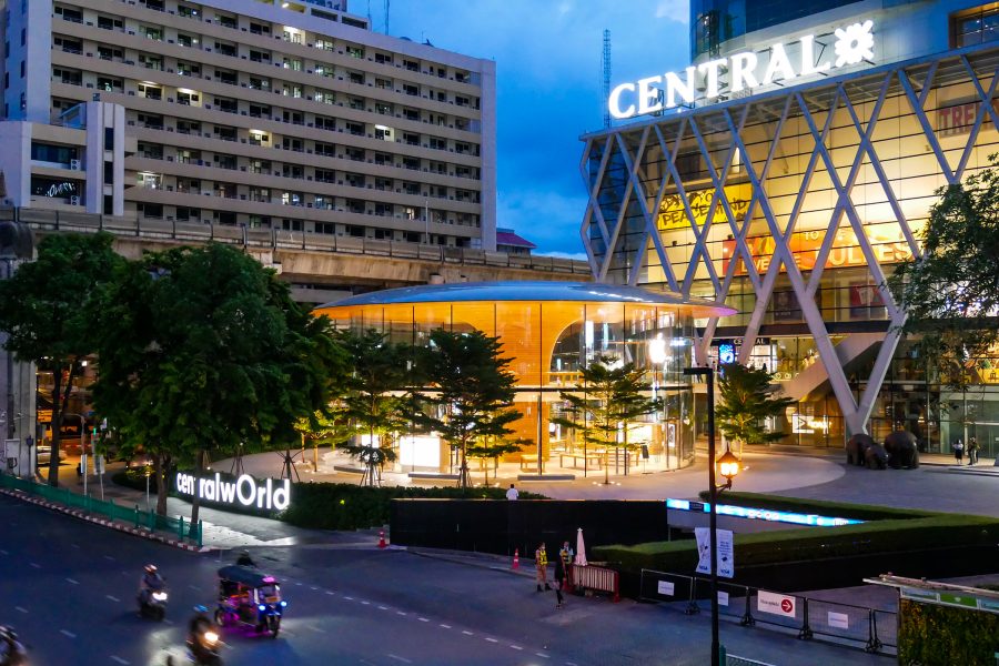 The façade of Centralworld, a mall in Bangkok.