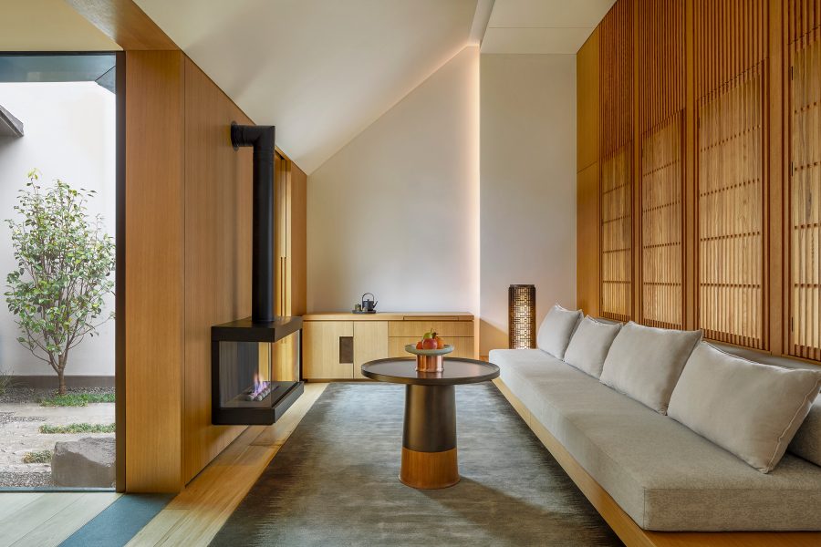 View of a lounge area in the Amanyangyun hotel in Shanghai, China
