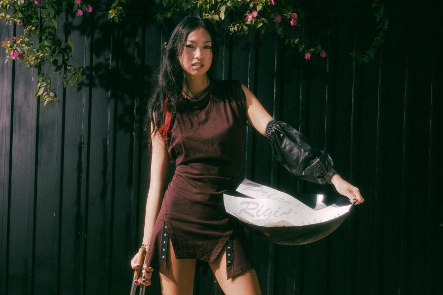 Hong Kong wok specialist Sam Lui from Wendy’s Wok World posing in a brown dress while holding a woke on her hip