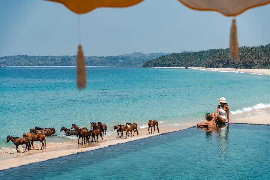 A couple sit on the edge of an infinity pool in Nihi Sumba in Indonesia, overlooking a beach covered in horses
