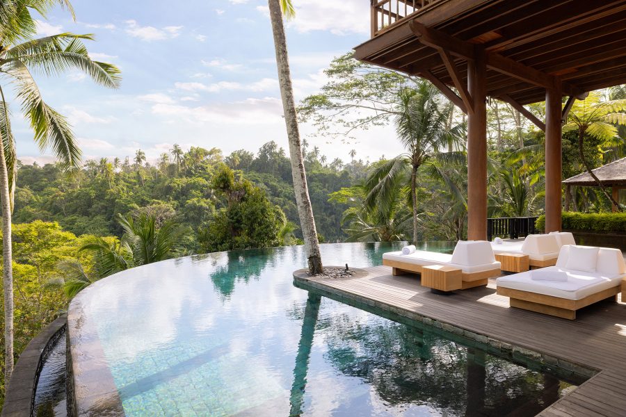 View of the infinity pool facing the jungle at the COMO Shambhala Estate in Bali, Indonesia