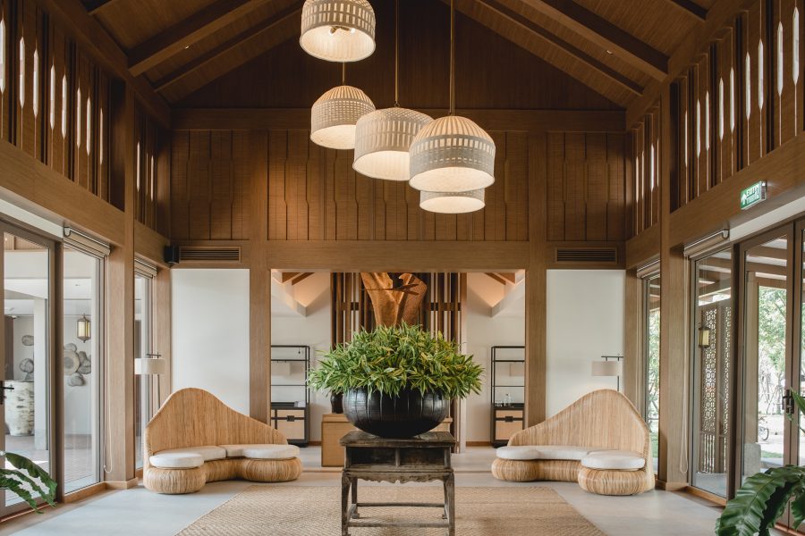 A lounge area with dangling white lights in RaKxa in Bangkok, Thailand