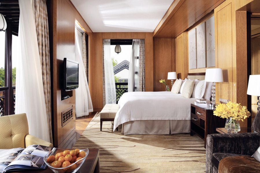 Interior view of one of the rooms at Four Seasons Hangzhou West Lake. 