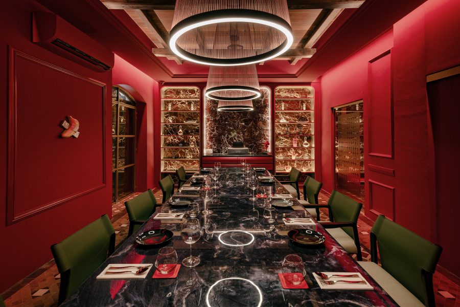 A red-walled dining room at Sood by Chef Ton, George Town.