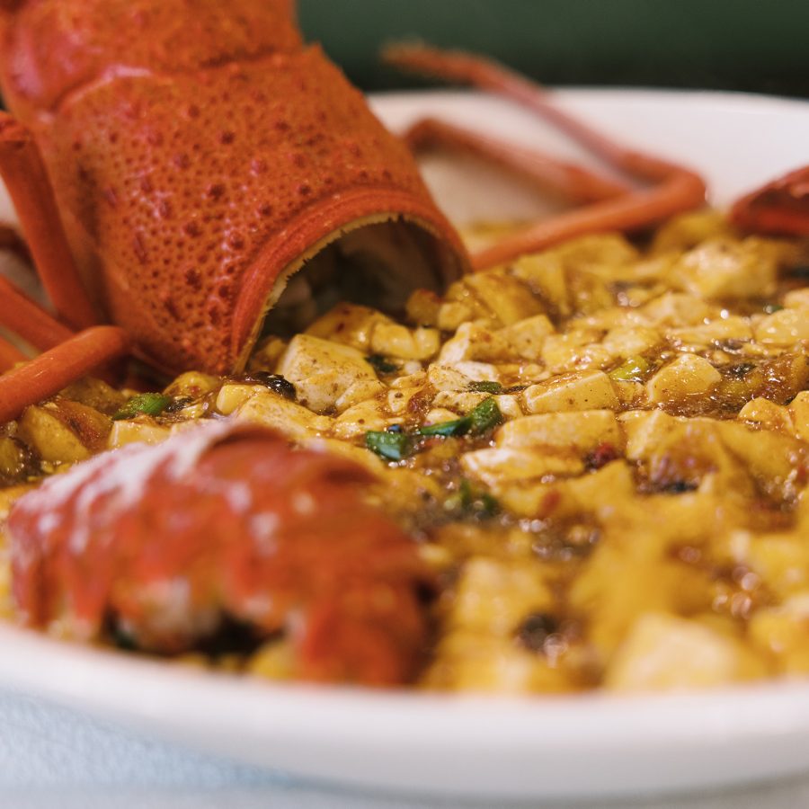 A closeup of lobster tofu dish served at Chuan Yue Lou in Mid-levels, Hong Kong.