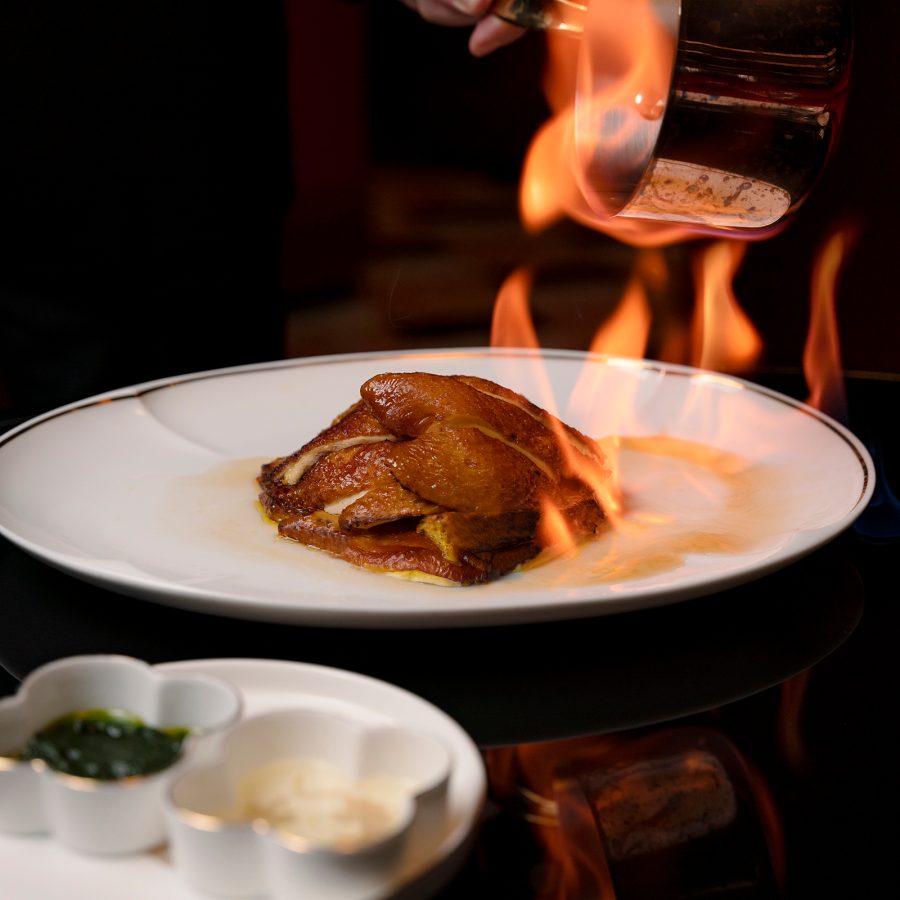 A closeup of a flaming maotai chicken served at Grand Majestic Sichuan in Central, Hong Kong.
