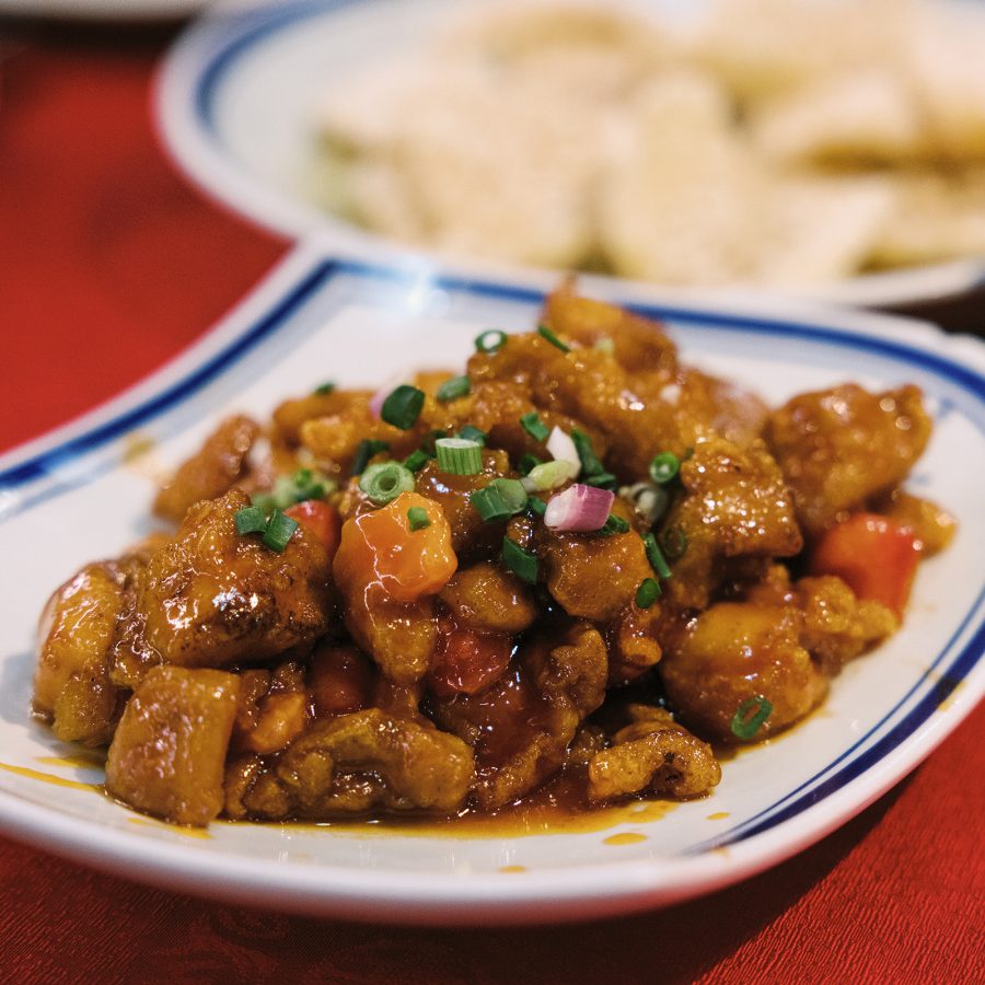 A closeup of stir fried sichuan chicken and nuts served at River Sichuan in Sai Ying Pun, Hong Kong.