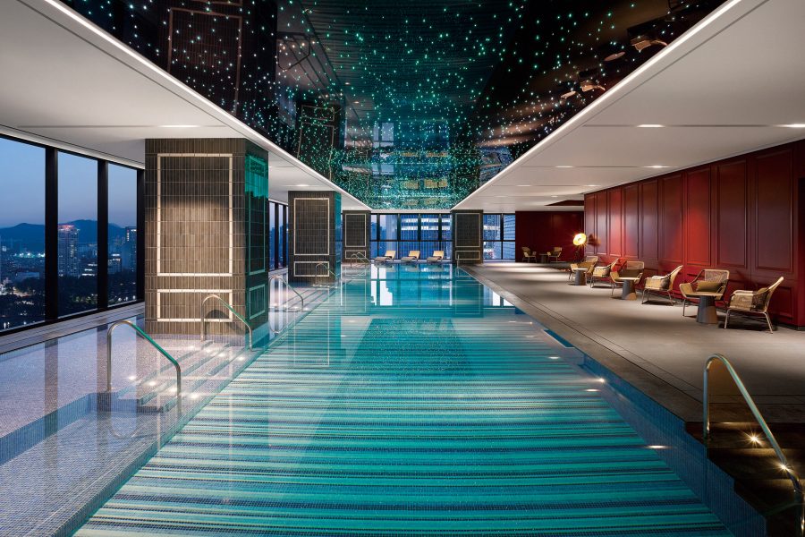 View of the pool at Sofitel Ambassador Seoul and its star ceiling.