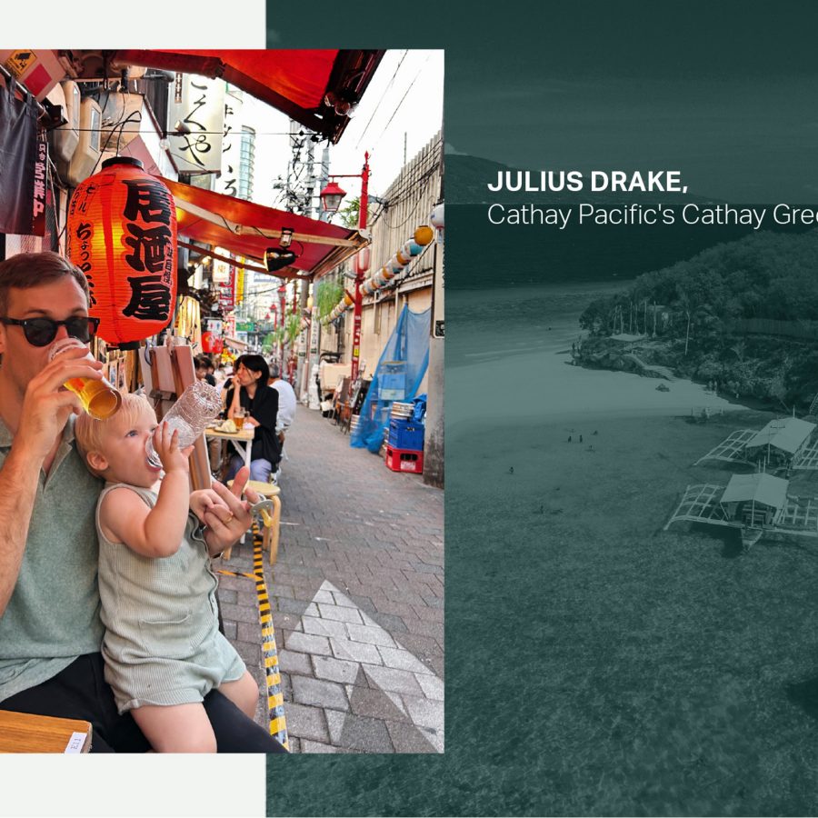 Cathay Pacific's Cathay Green Member Julius Drake on a street in Tokyo drinking a beer with his son