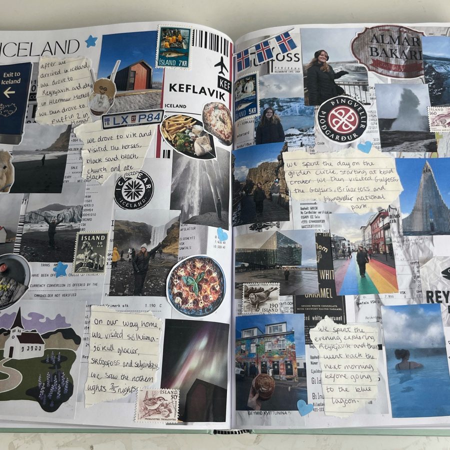 A travel journal spread depicting Iceland with notes, pictures and printed out landmarks.