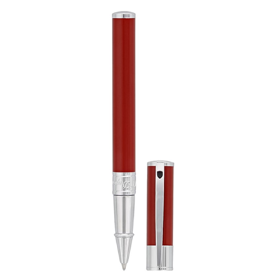 The S.T. Dupont D-Initial Rollerball Pen in red with its cap off.  