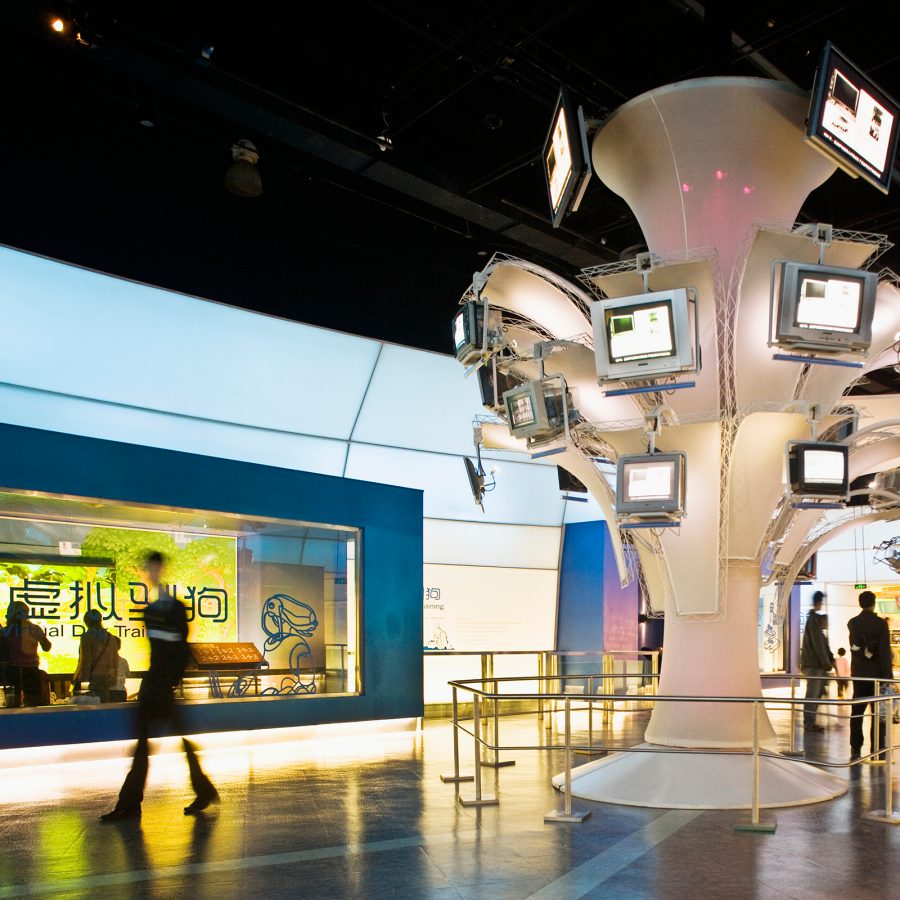 Interior view of an installation featuring television screens at Shanghai Science and Technology Museum. 