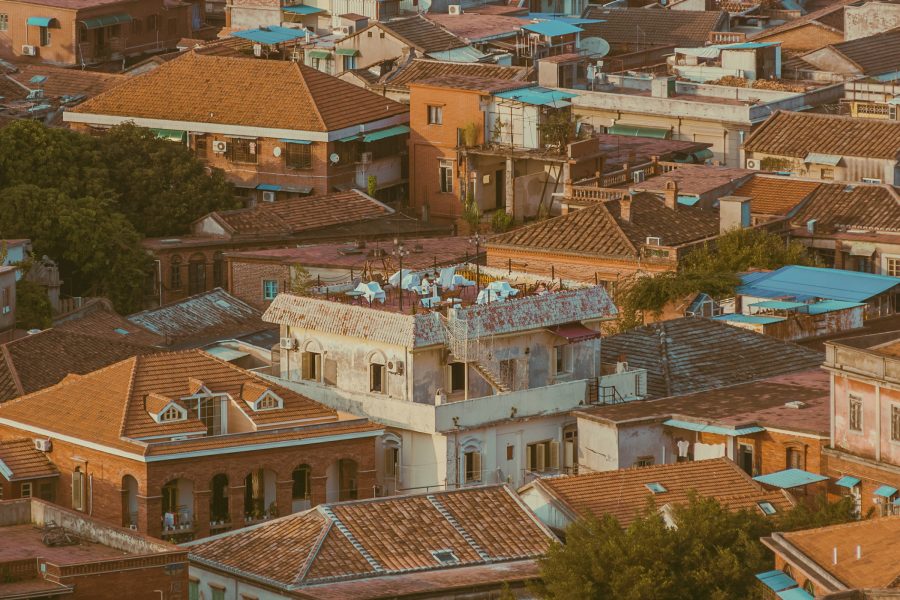 Exterior view of houses and rooftops in Gulangyu. 