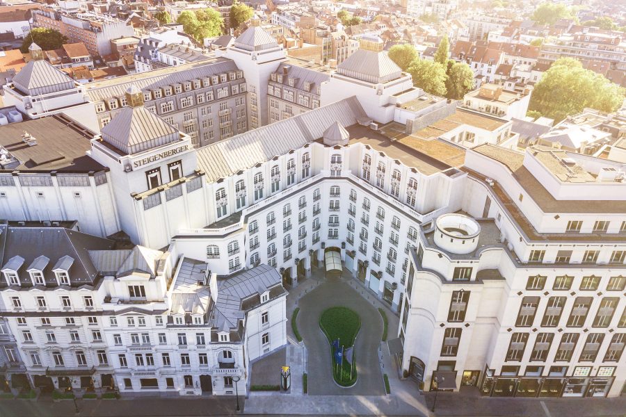 A top-down view of Steigenberger Icon Wiltcher’s shows its white exteriors and many windows. 