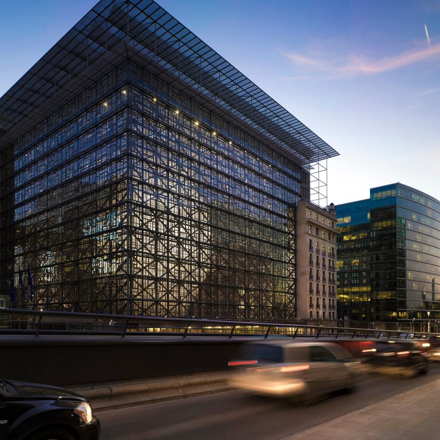 The exterior of The Europa Building in Brussels is seen in the light of sunset.
