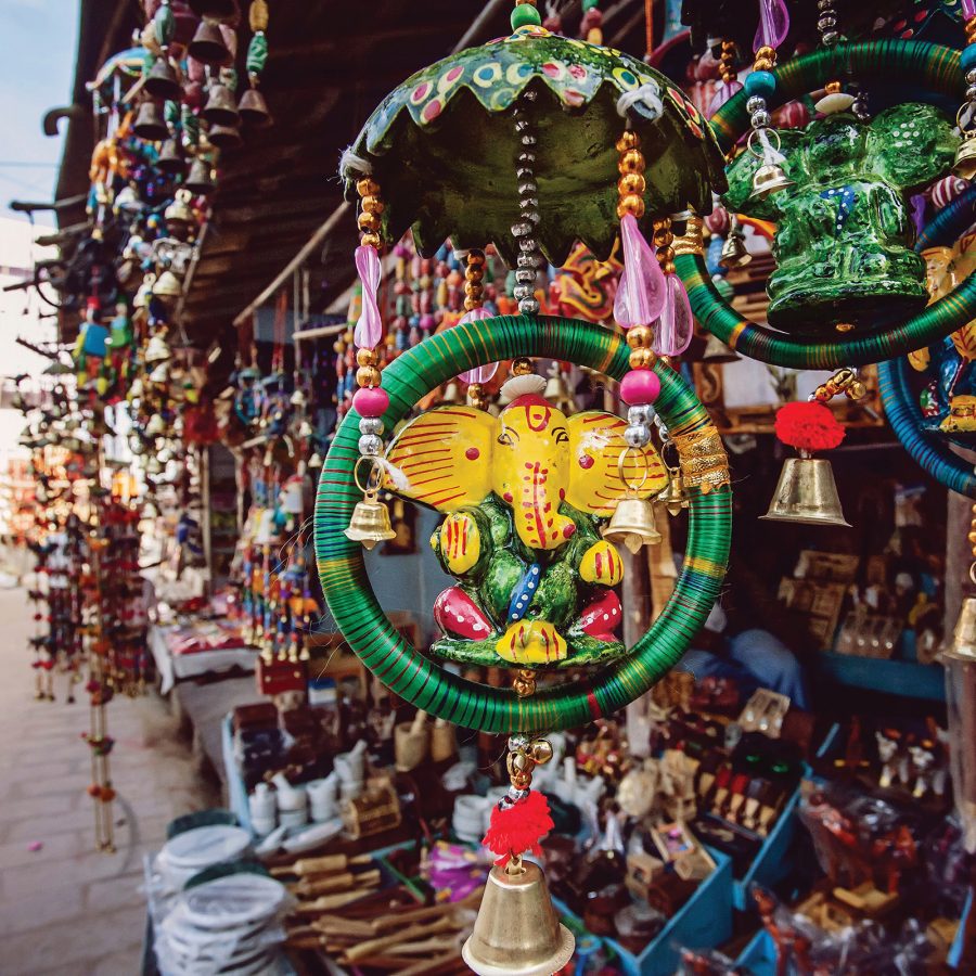 A colourful hanging elephant ornament on display at a market stall on Hill Road in Mumbai. 