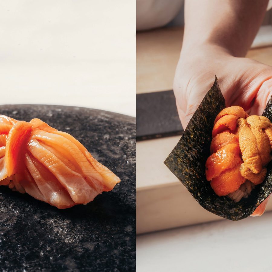 A closeup of ark shell sushi and uni hand wrap served at Sushi Zo