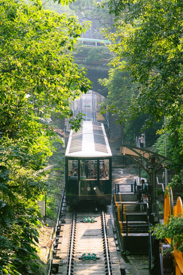 The Peak Tram traverses Victoria Peak on a rail snaking between trees. 