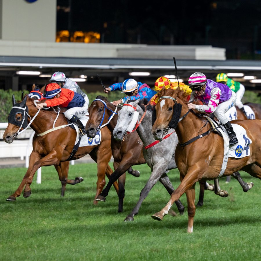 Horses are mid-race at the Happy Valley Racecourse. 