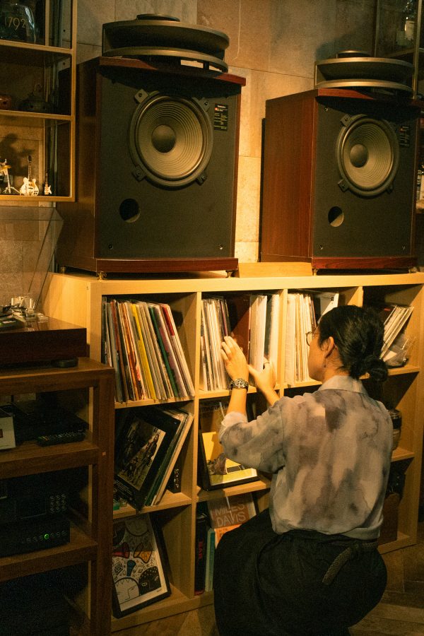 A person sifts through records in a shelf. 