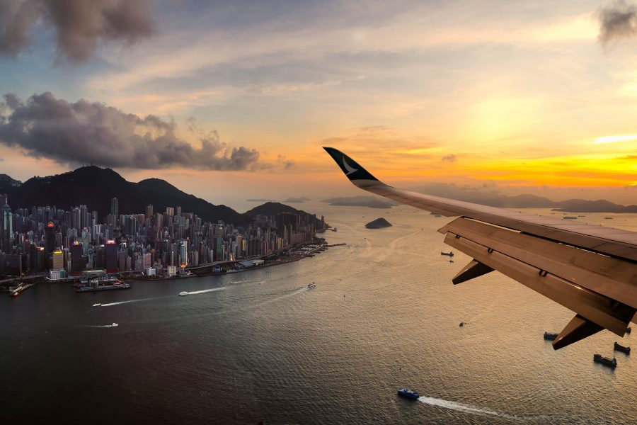 A plane view of Hong Kong at dusk from a Cathay plane. 