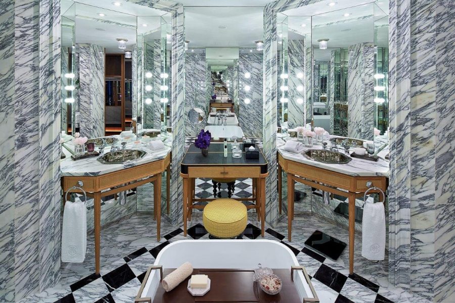 The Instagrammable marble bathroom inside the Harbour View Room at Rosewood Hong Kong.