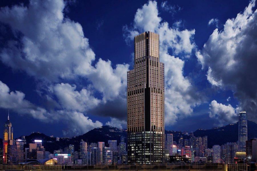 The exterior of Rosewood Hong Kong, a luxury hotel located within Victoria Dockside in Tsim Sha Tsui featuring beautiful harbour views.