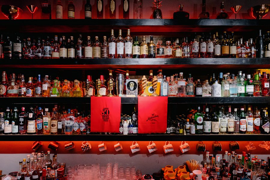 Interior view of contemporary Chinese red-themed bar at Epic, Shanghai.
