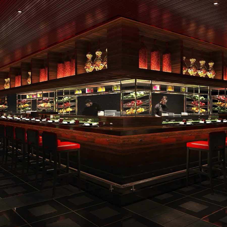 The moody dark interiors of L’Ateler de Joël Robuchon in the Landmark, Hong Kong.