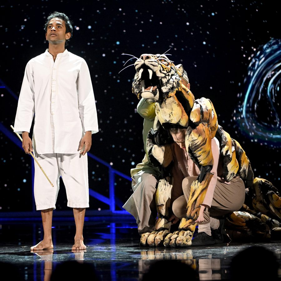 Gigantic tiger puppet and actor stand beside each other during a performance of Life of Pi.