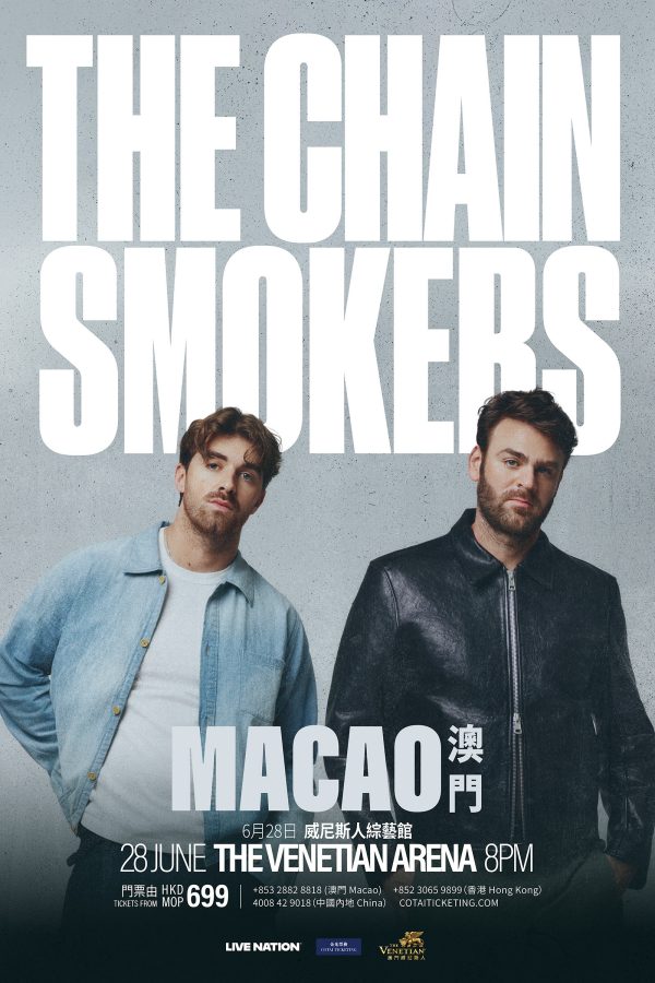 The Chainsmokers are shown on a poster advertising their concert at The Venetian Arena in June.