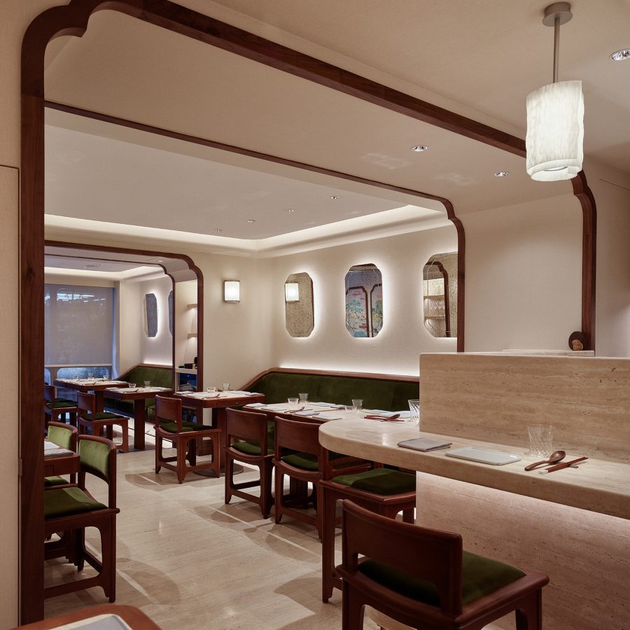 An interior view of the minimalist dining area Mora.