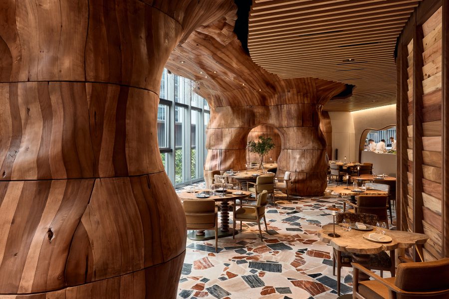 An interior view of the modern nature-inspired dining area at Roganic.