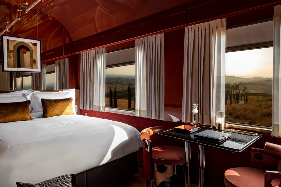 View of a bedroom onboard the La Dolce Vita Orient Express. 