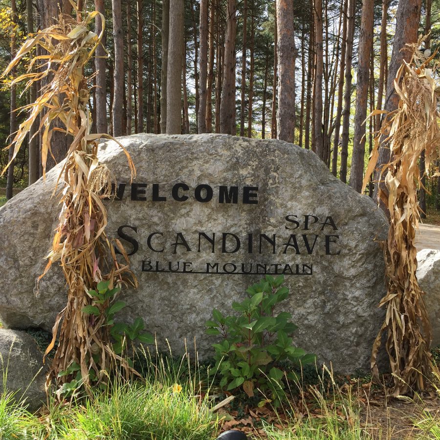 A welcome sign to Scandinave Spa on a boulder. 