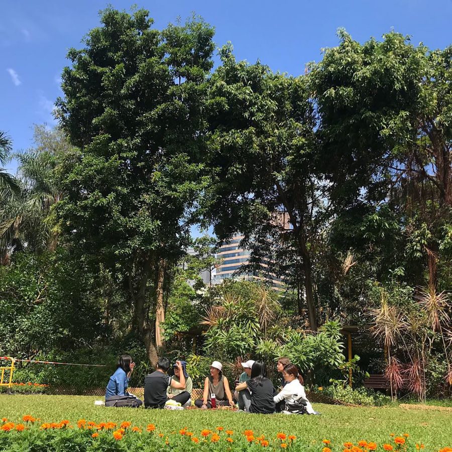 People sitting in a group on the grass with trees and a building in the background.