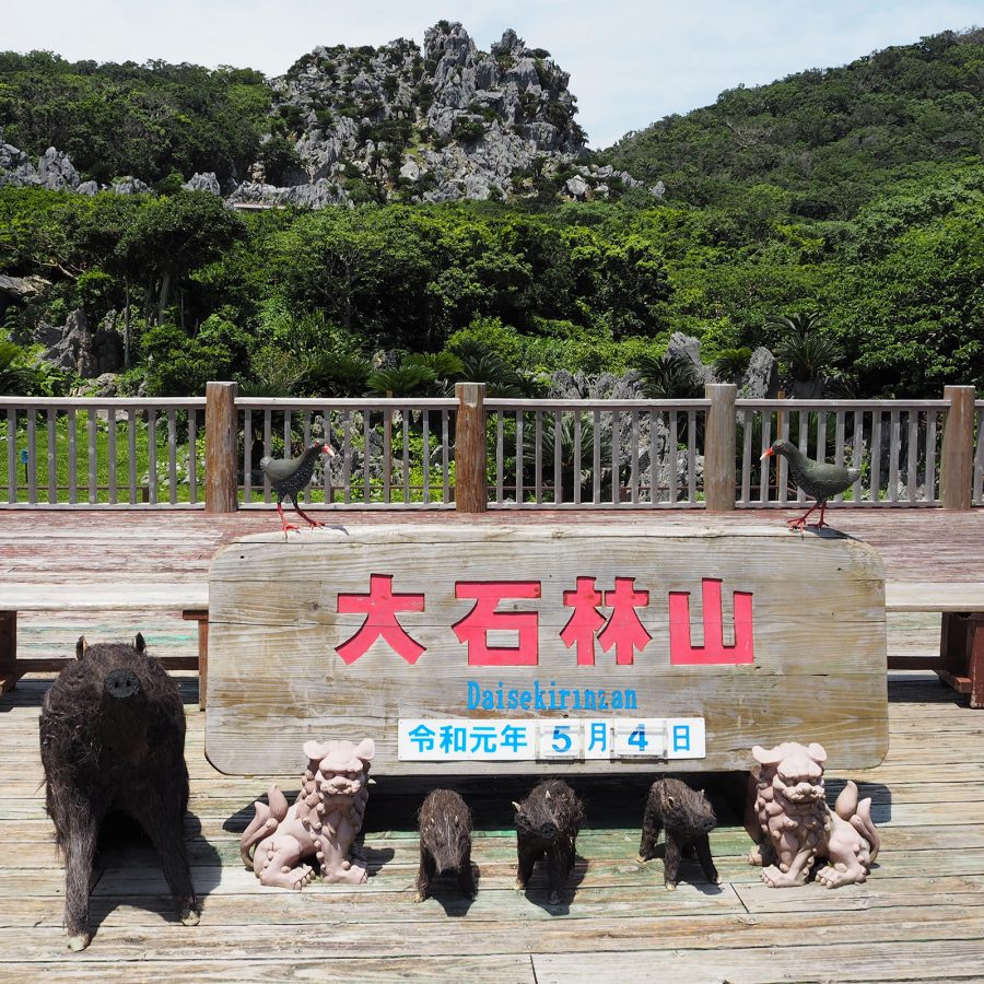 View of a wooden sign at the Yambaru National Park against a mountainous landscape. 