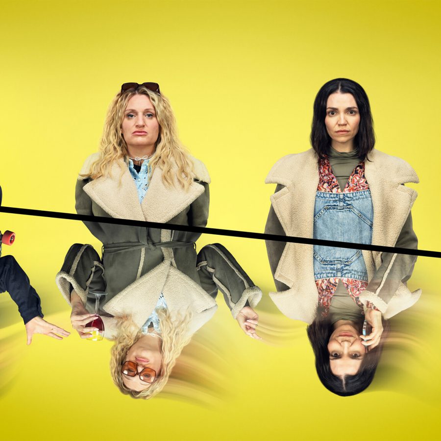 A promotional image for Am I Being Unreasonable? shows the series’ four main characters against a yellow background. Their images are mirrored beneath them, with the mirror image showing each character in an altered guise. 