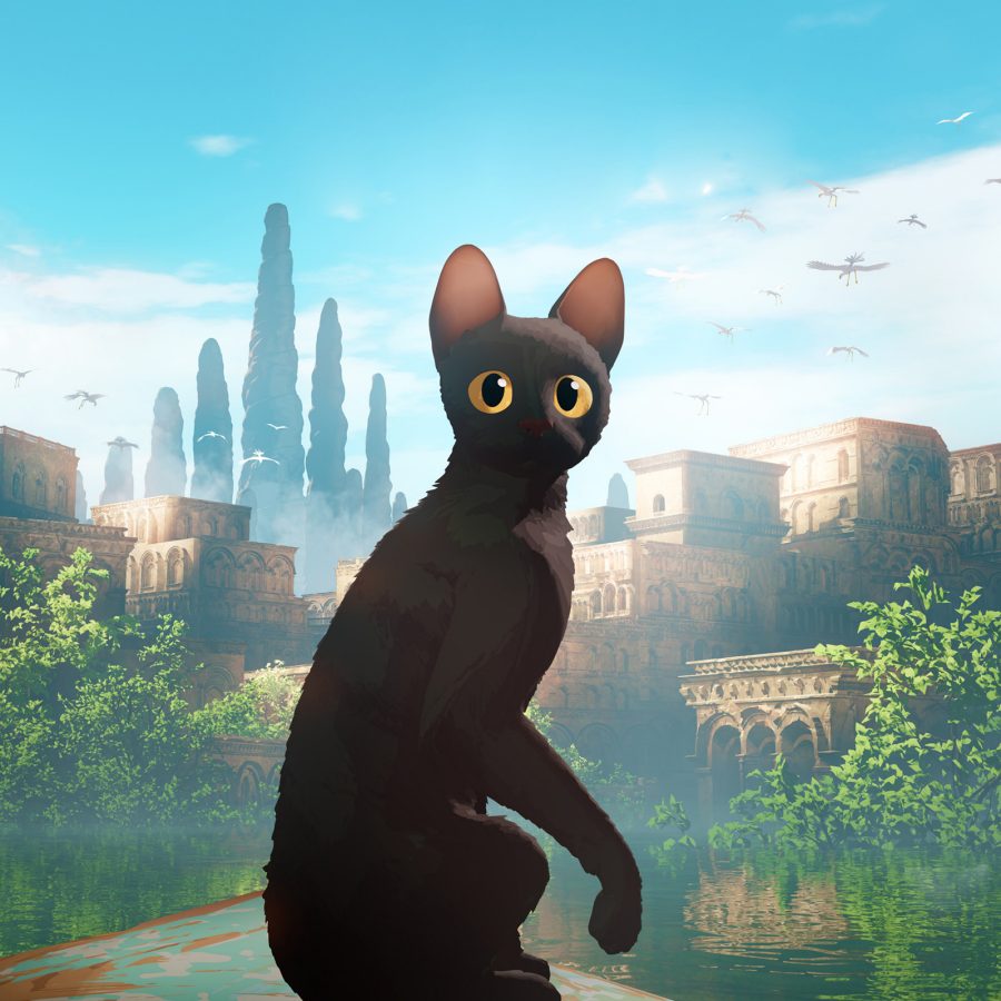 A black cat sits at the tip of a boat that is floating towards a flooded, overgrown city, in a scene from the CGI-animated film Flow.