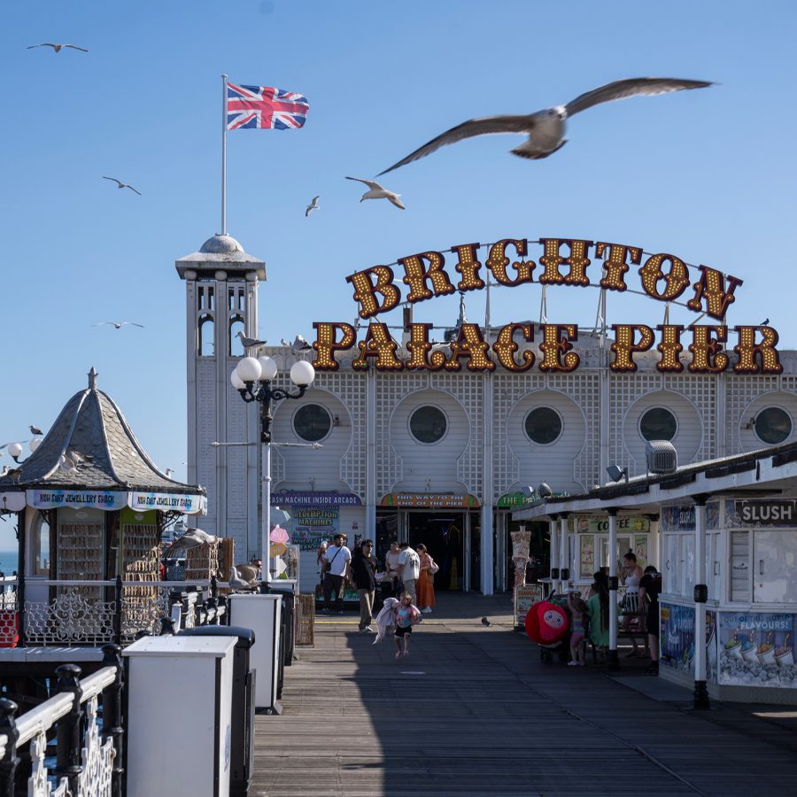A seagull flies over Brighton Palace Pier in the UK.