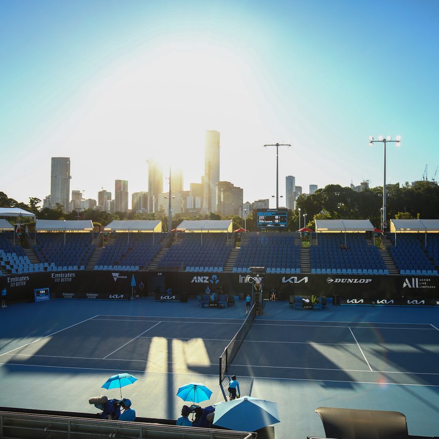 Melbourne Park’s spectator stands surround a pickleball court in the centre of the stadium.