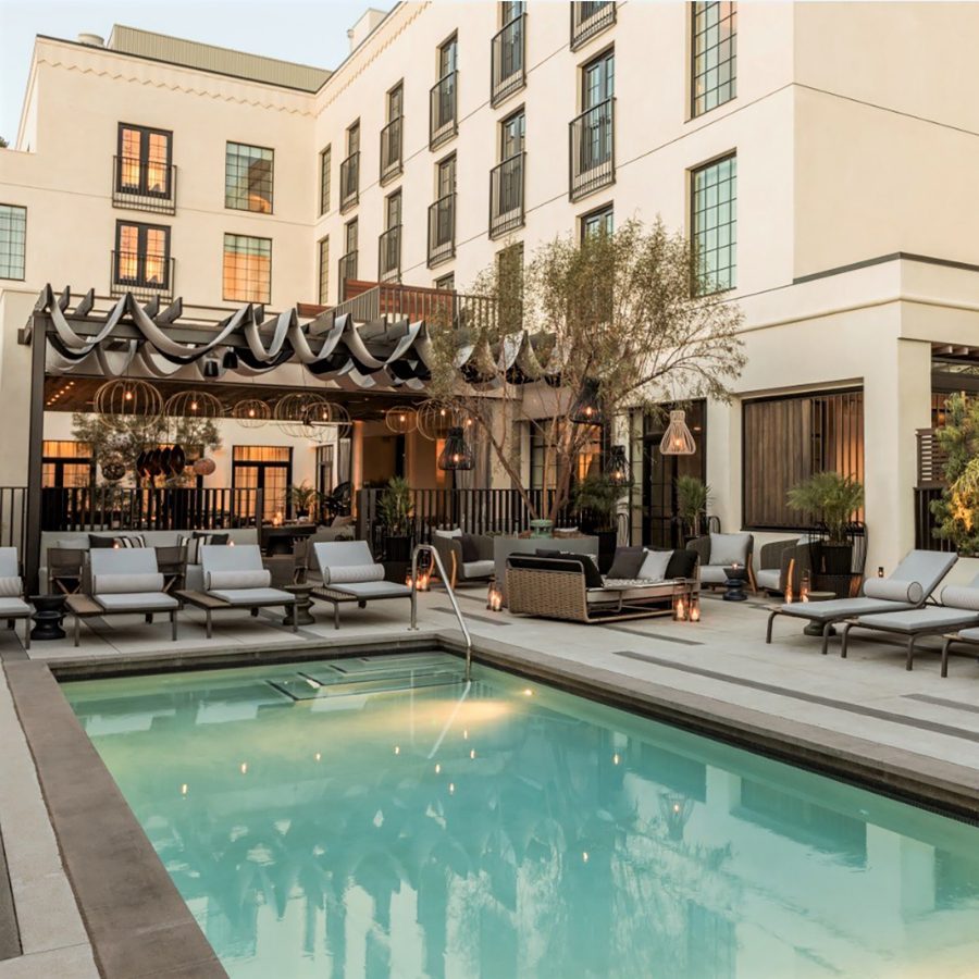 Kimpton La Peer Hotel’s outdoor pool sits beneath the multi-storey hotel’s guest rooms. 