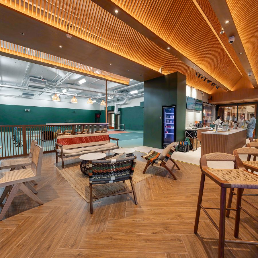 Stackd, a pickleball facility in Wan Chai, has a lounging and dining area near the courts. 