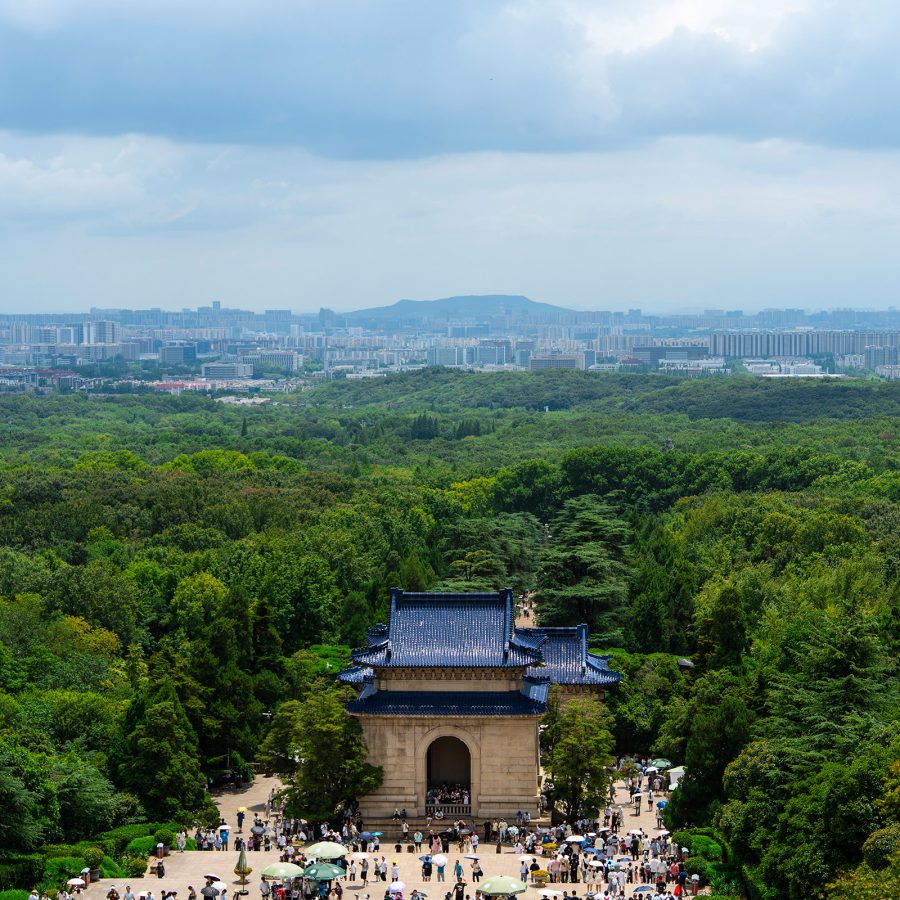 Aerial daytime view of the Sun Yat Sen Mausoleum at Purple Mountain National Park in Nanjing.